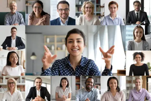 a collage of employee faces as if in a video meeting about to begin workplace surveys